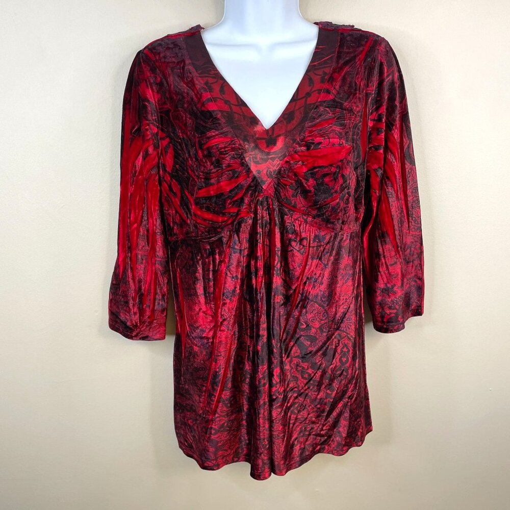 Unity Womens Velvet Dark Floral Vampy Tunic Top Size PL Red Boho Holiday Empire